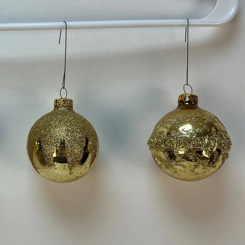Vtg  Victoria Collection Gold Glitter‎ Glass Christmas Ornaments- 2 Boxes